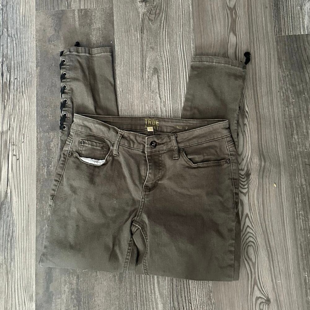 true craft army green skinny jeans black side lace